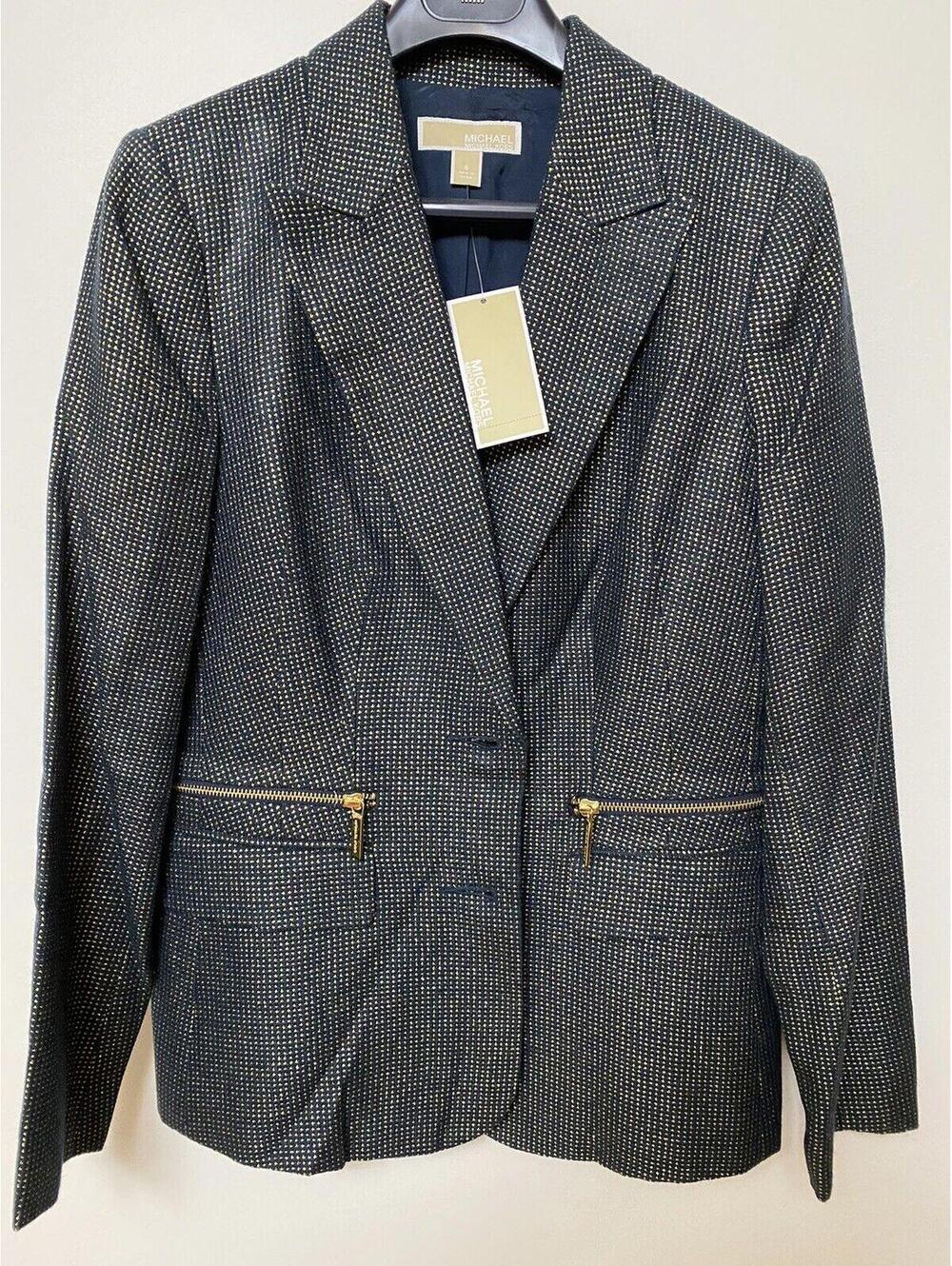 NWT Michael Kors Womens Jacket Blazer Suit Top Black & Gold Zipper Pockets Sz 6